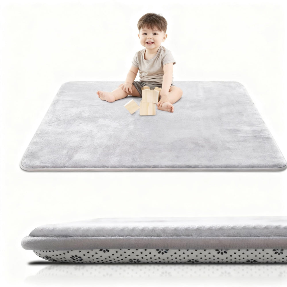 Lansber baby play mat in light gray provides cushioned tummy time and non-slip safety.