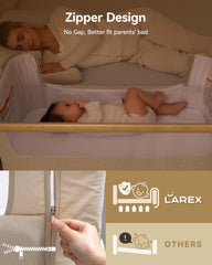 Larex bassinet attached to bed for safe proximity.
