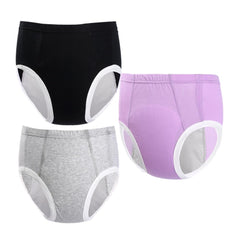 LAROTSUBA leakproof underwear pack in purple, gray, and black for discreet protection