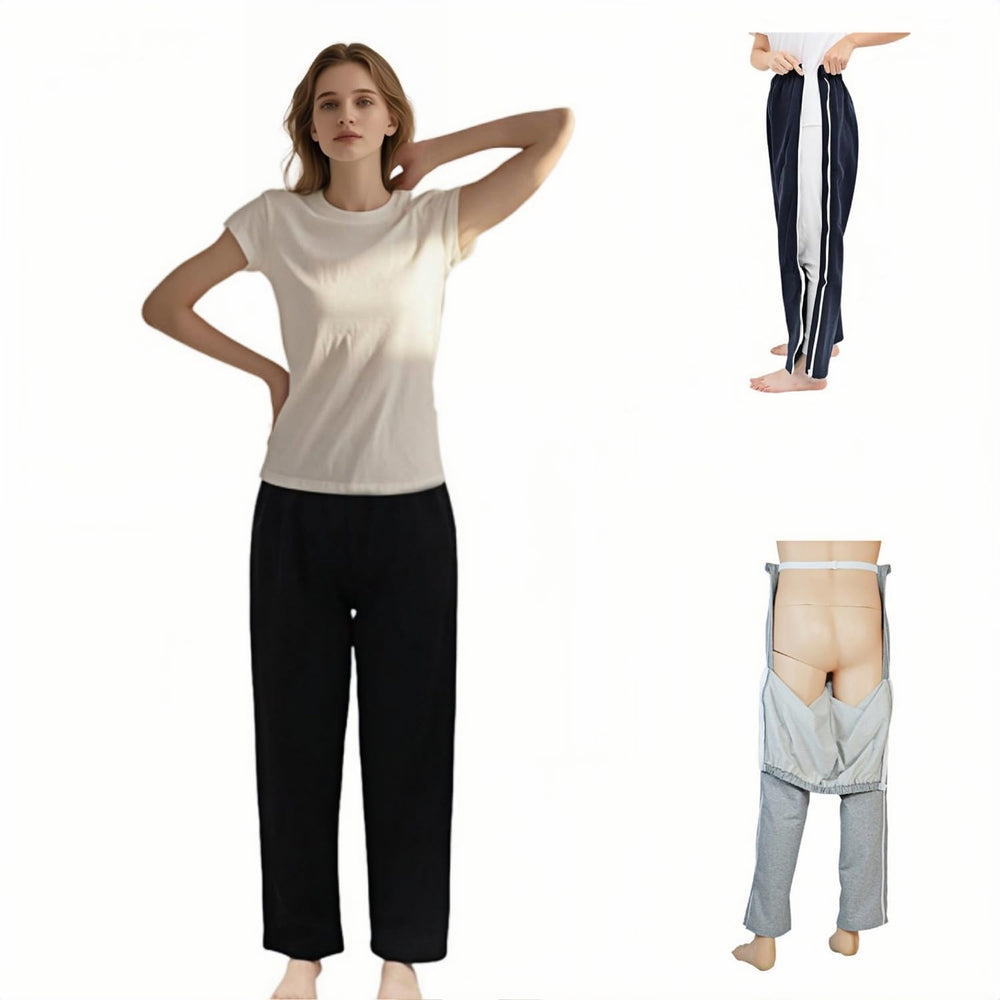 LAROTSUBA patient care trousers with side zip for quick, discreet bedside changes.