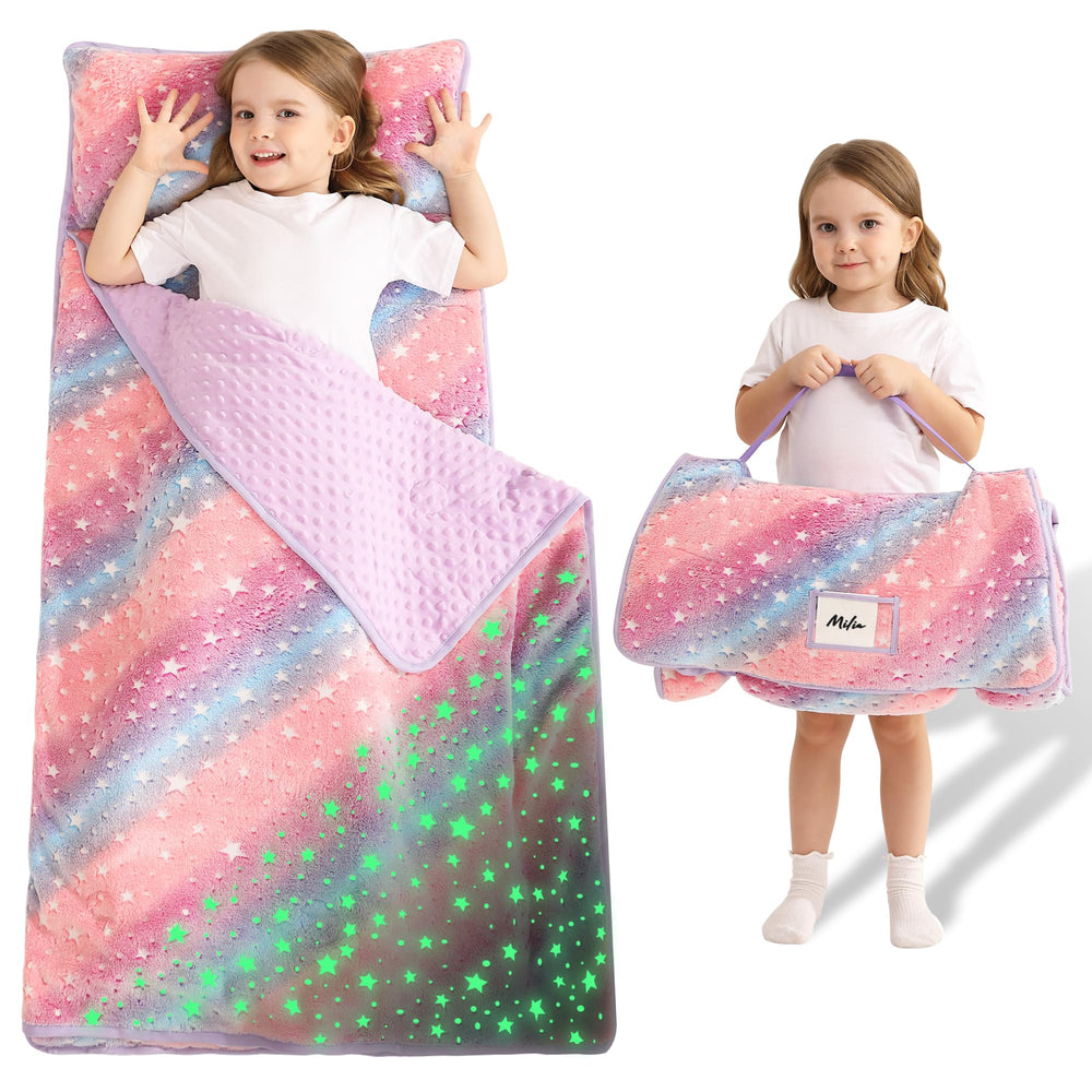 Lasoftan glowing star nap mat, rolled for easy carrying and storage.