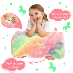Open Lasoftan glowing unicorn nap mat layout reveals spacious nap area