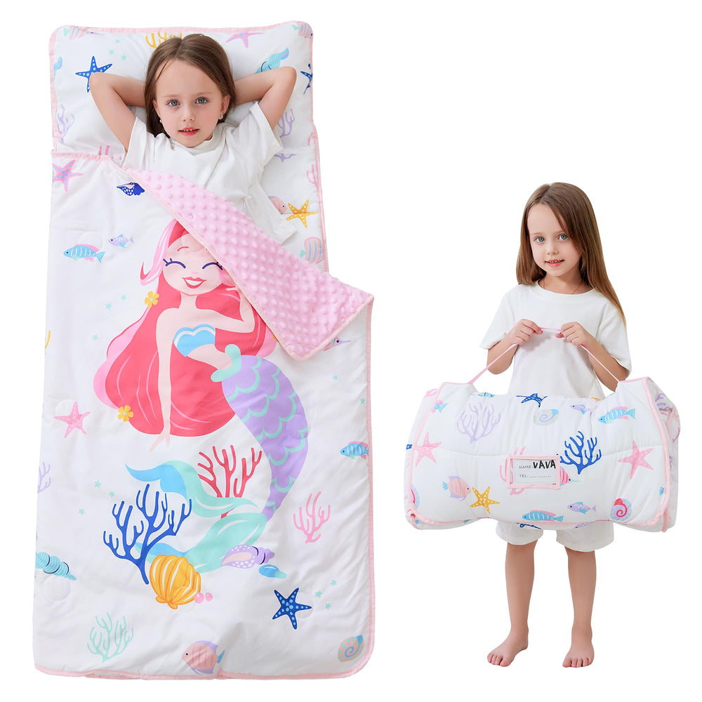 Lasoftan Mermaid nap mat with pillow provides cozy nap time for toddlers.
