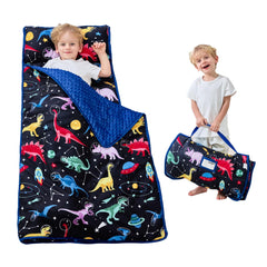 Lasoftan space dinosaur nap mat rolled for easy transport and storage