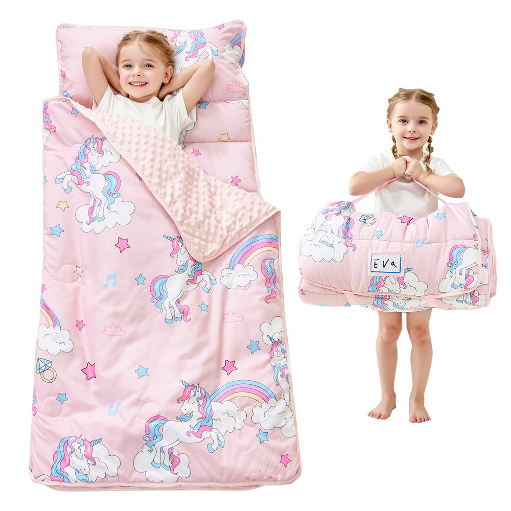 Lasoftan toddler nap mat unicorn roll for travel-friendly, compact storage