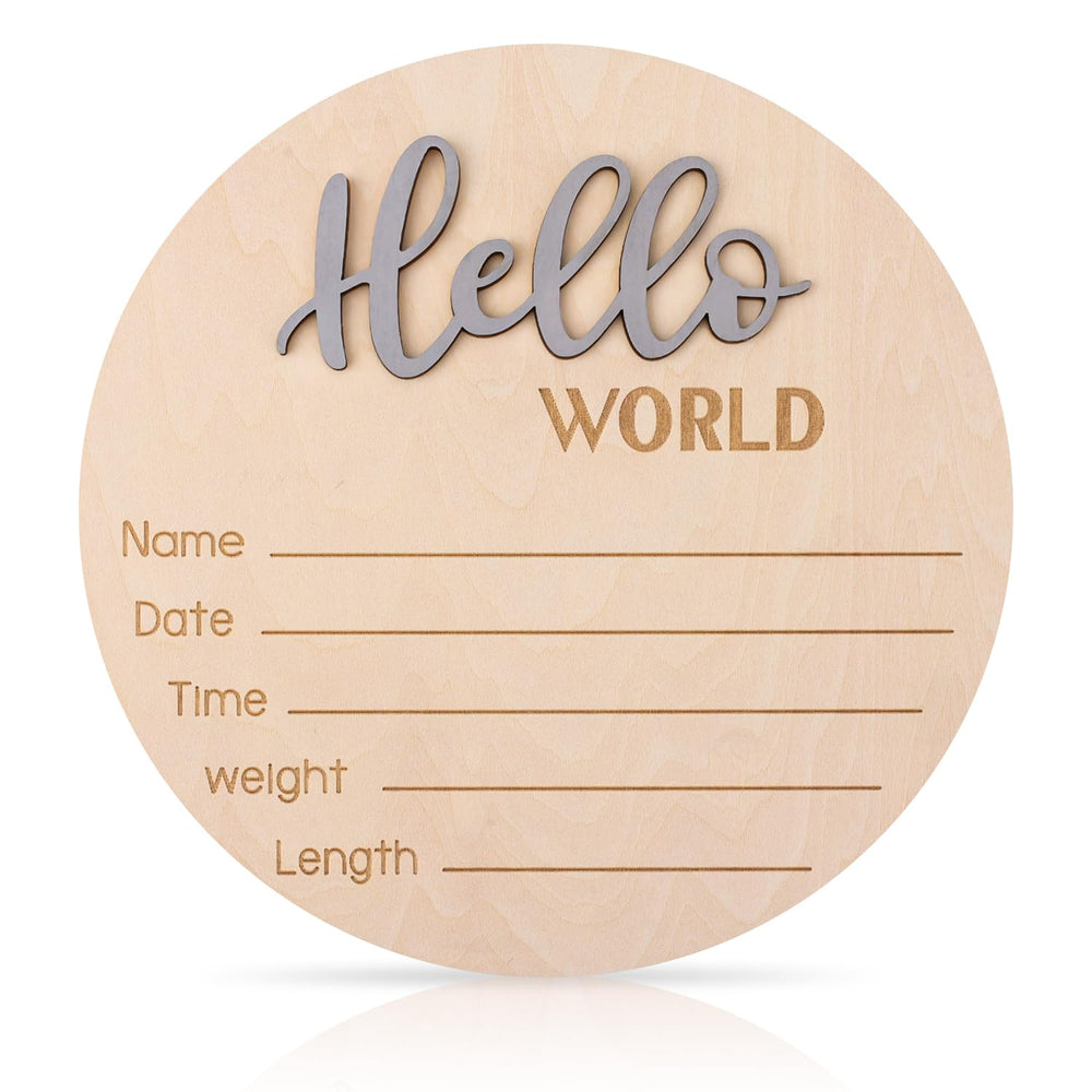 lasuroa baby announcement sign with 3D Hello World letters, perfect for newborn photos.