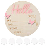 Lasuroa newborn announcement sign pink Hello World on wood for photos.