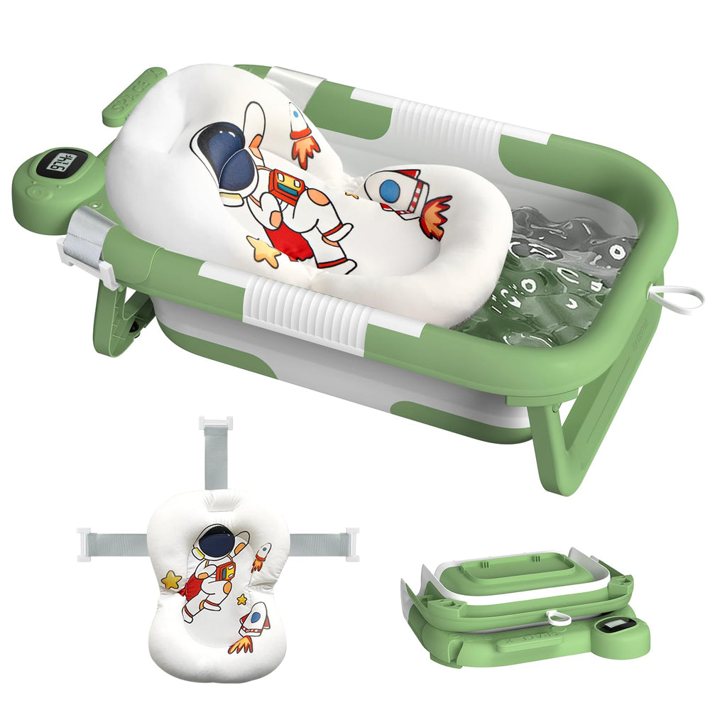 LAUJIA collapsible baby bathtub in astronaut green showing a compact fold for small spaces.