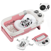 LAUJIA panda-pink collapsible baby bathtub folded for compact storage.
