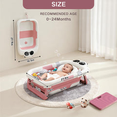 LAUJIA panda-pink collapsible baby bathtub in use with newborn.