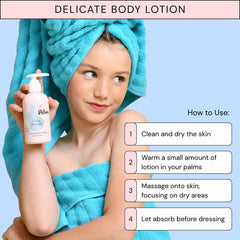 LAV KIDS lotion bottle showing sweet almond oil for nourishing, non-greasy skin