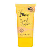 LAV KIDS mineral sunscreen tube on a beach towel for sunny outdoor play