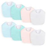 LazyRhino 8-pack baby terry bibs laid out in solid colors for easy outfit matching.