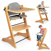 Lcoco&Dream solid wood high chair front view showing sturdy frame and natural finish for growing children