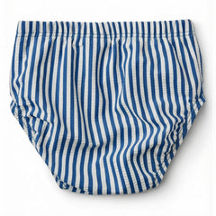 LDIOIF seersucker blue stripe swim diaper with waterproof lining for comfort during water play.
