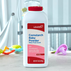 Leader cornstarch baby powder with aloe and vitamin E leaves skin silky soft.