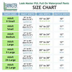 LeakMaster adult PUL waterproof pants waistband and legs, showing generous cut for cloth diaper fit.