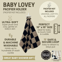 Leaps + Legends lovey with pacifier clip attachment ready to secure a pacifier