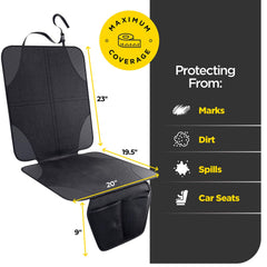 Lebogner car seat protector side view highlighting mesh pockets for storage.
