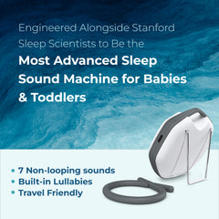 LectroFan Alpha beside a crib delivering calming non-looping sounds for naps.