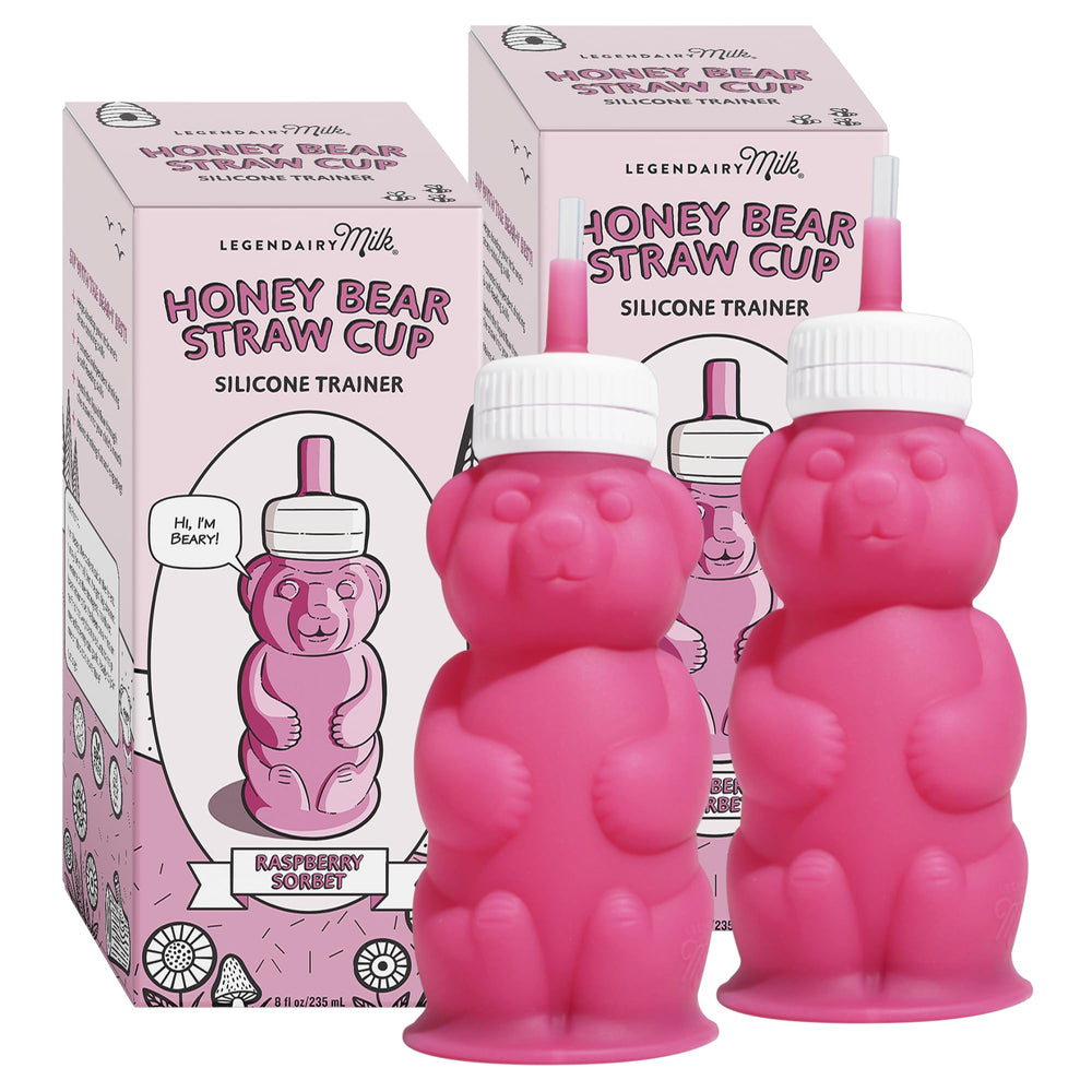 Legendairy Milk Honey Bear Straw Cup pink with 8 oz markings for easy sipping.