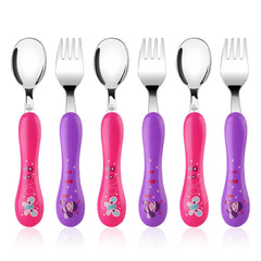 Lehoo Castle 6-piece toddler utensils in pink and purple for kids' meals.
