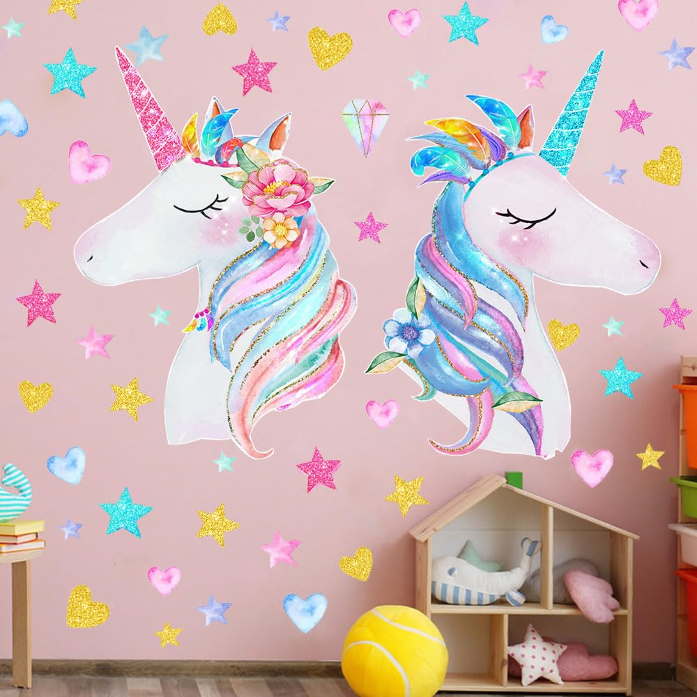 LEISENOR unicorn wall decal pink floral enhances a girl's fantasy bedroom.