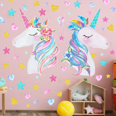 LEISENOR unicorn wall decal pink floral enhances a girl's fantasy bedroom.