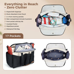 Lekebaby diaper bag tote interior organizers highlighting easy access to bottles, diapers, and toys.