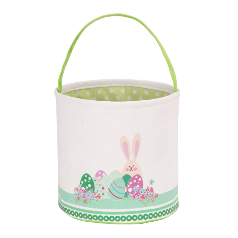 LessMo Easter Bunny Basket front view in green canvas for Easter egg hunts