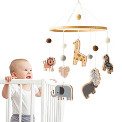 Let's Make baby crib jungle animals mobile showcases five playful safari friends for visual engagement.