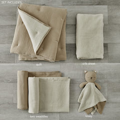 Levtex Baby Cloud Muslin fitted sheet in cacao texture for a snug crib setup.