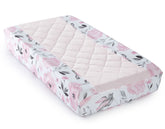 Levtex Baby Elise changing pad cover with floral birds in pink, grey, white enhances nursery decor.