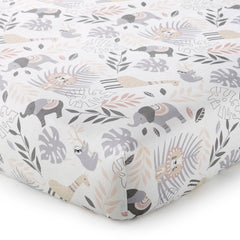 Levtex Baby Imani fitted sheet featuring tossed llamas and elephants offers soft, breathable 100% cotton comfort