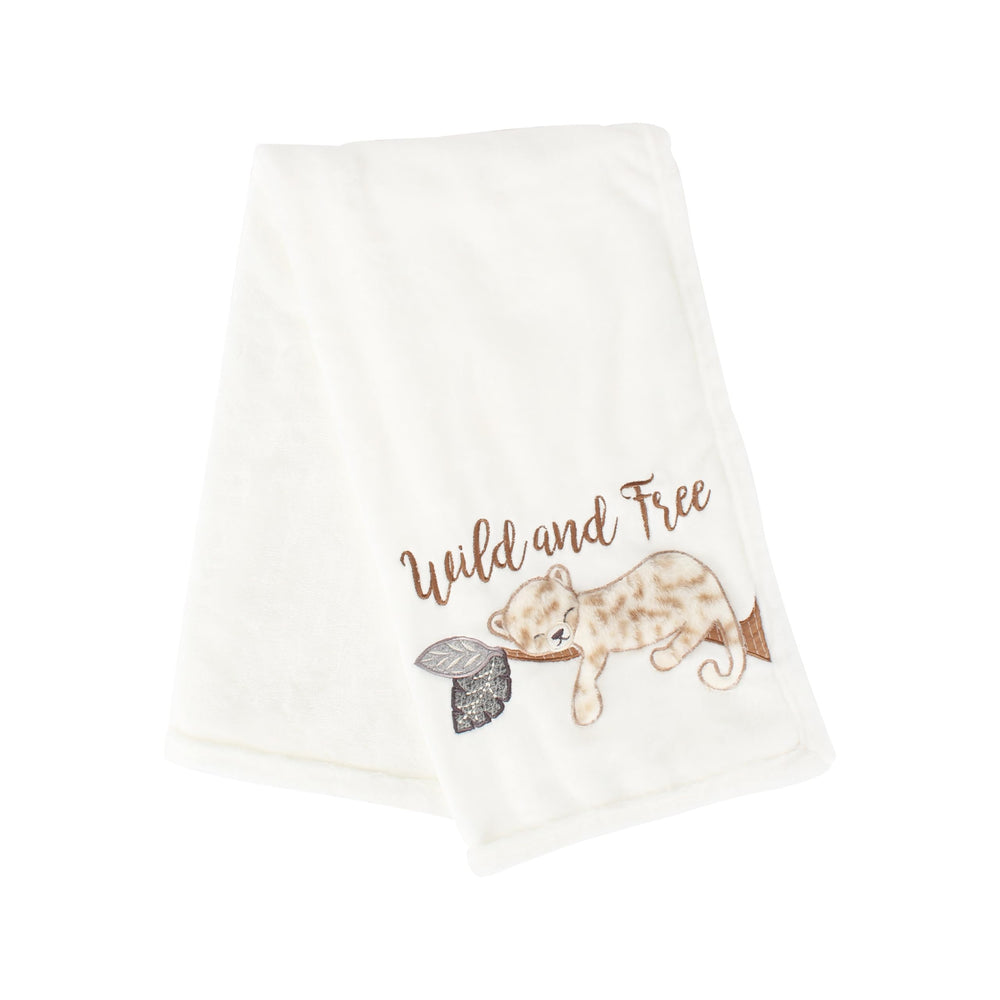 Levtex Baby Serengeti plush blanket with cheetah applique offers cozy warmth for stroller adventures.