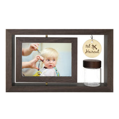 Liannan custom My First Haircut frame rotates to display before and after photos in a nursery.