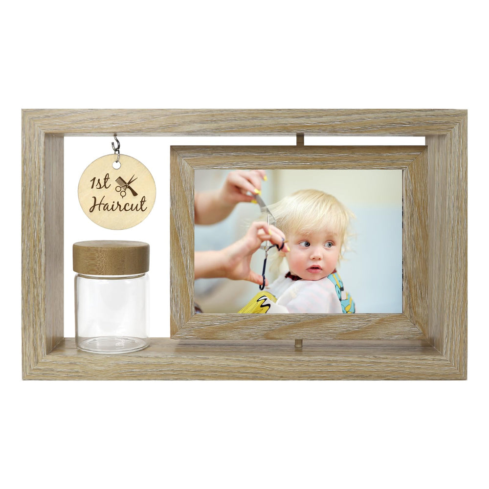 Liannan My First Haircut frame shows two 4x6 photos on a rotating display.