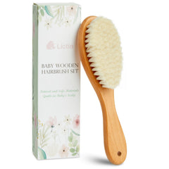 Lictin baby hair brush with walnut wood for gentle newborn grooming.
