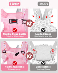 Pink unicorn Lictin carrier showing padded shoulder straps for comfort.