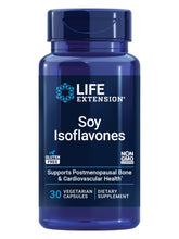 Life Extension Soy Isoflavones bottle shows daily heart and bone support.