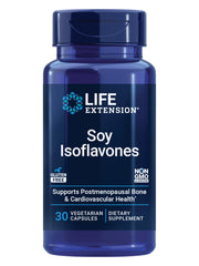 Life Extension Soy Isoflavones bottle shows daily heart and bone support.