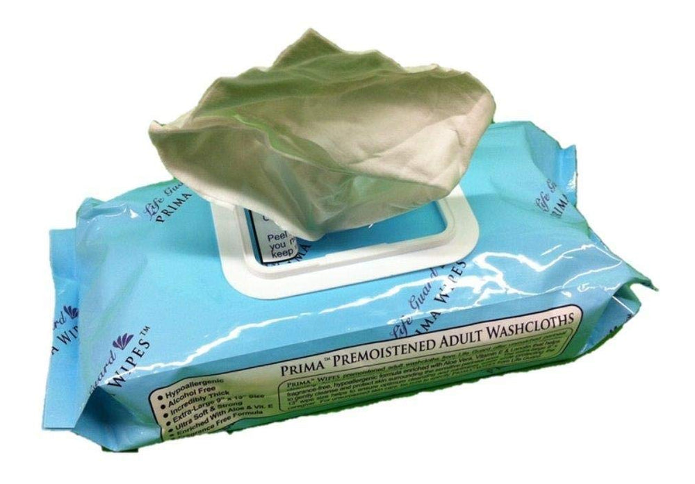 Life Guard Prima Wipes pack front shows 48 extra-large wipes for daily cleansing.