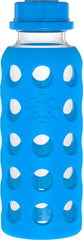 Lifefactory 9oz glass bottle with flat cap Ocean; leakproof for school lunches.