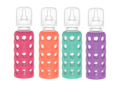 Lifefactory 9oz glass bottle with raspberry sleeve for easy gripping and feeding.