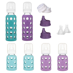 Lifefactory 4oz mint lavender bottle with protective silicone sleeve for easy grip.