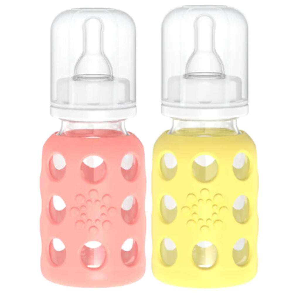 Lifefactory 4oz glass baby bottle with cantaloupe sleeve for easy grip