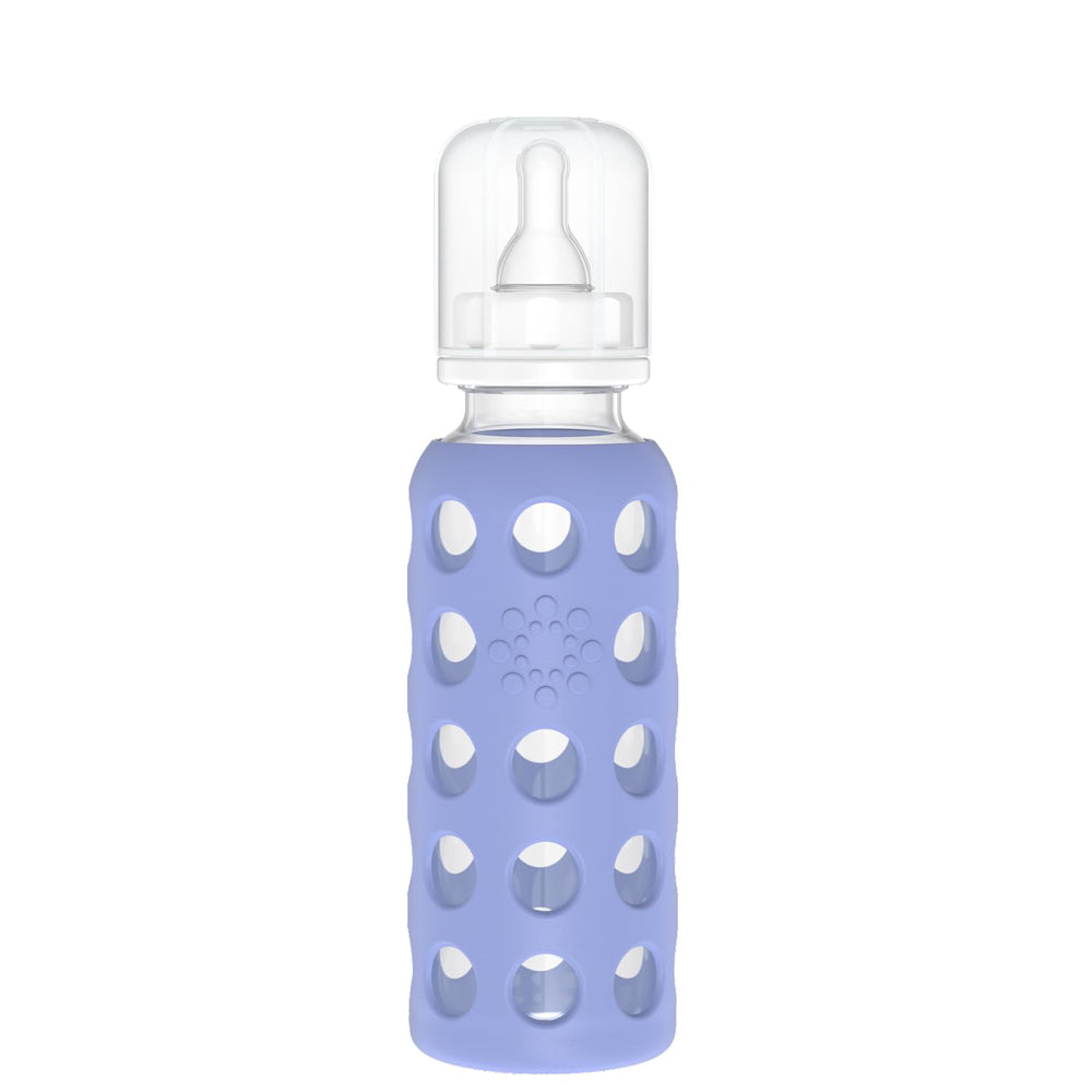 Lifefactory blueberry bottle glass with silicone sleeve for easy grip during feeding