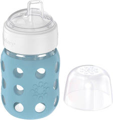 Lifefactory borosilicate glass core protected by durable bottle sleeve.