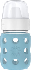 Lifefactory Denim 8oz wide-neck glass bottle with protective sleeve for easy handling