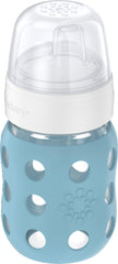 Lifefactory denim sippy spout close-up for smooth transition from nipple.